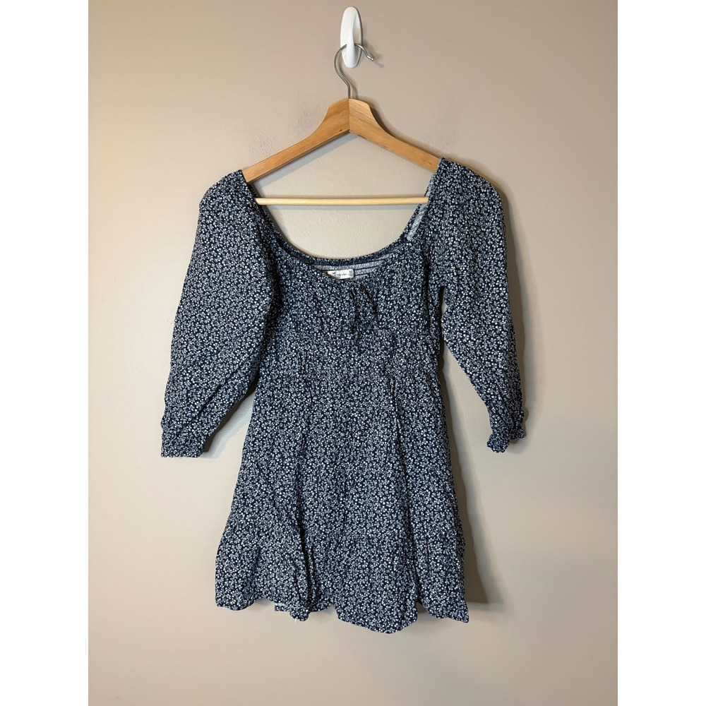 Hollister Mini Dress Women XS Navy Blue Floral Smocked 3/4 sleeve